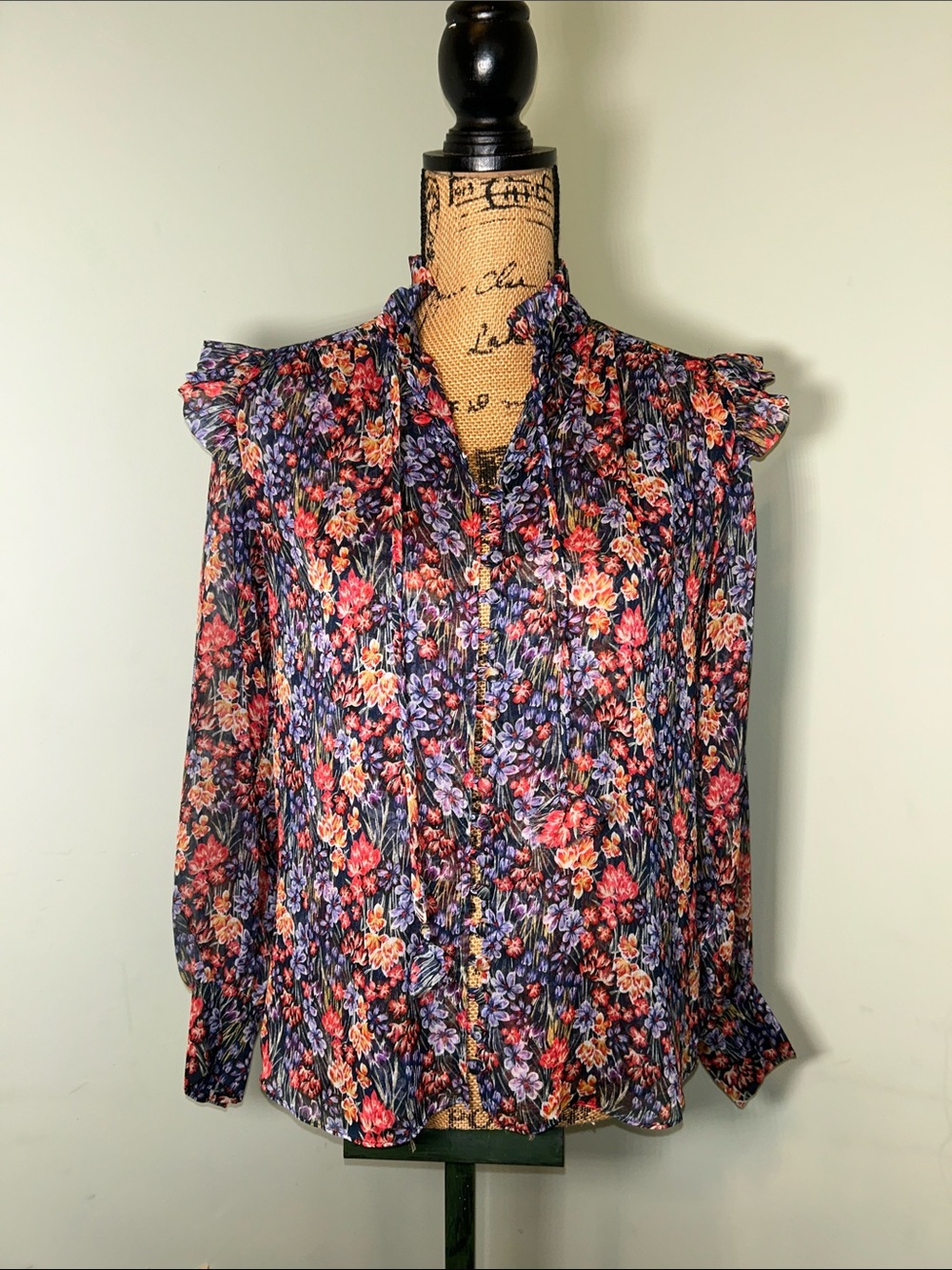 Misa Los Angeles Analeigh Floral Ruffle-Trim Feminine Long Sleeve Blouse XS